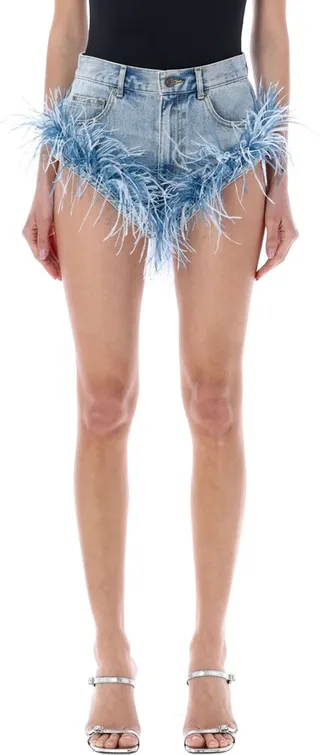 Frayed Denim Feather Trim Hot Short