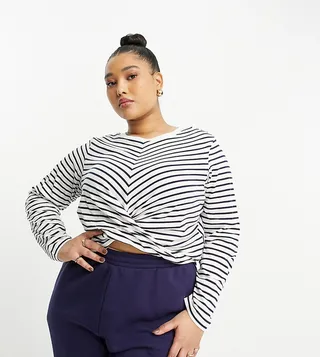 Vero Moda Curve wrap front crop top in white stripe