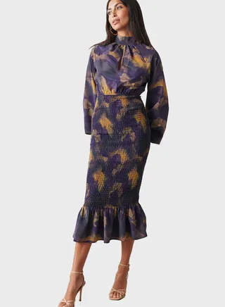 Puff Sleeve Cut Out Printed Dress