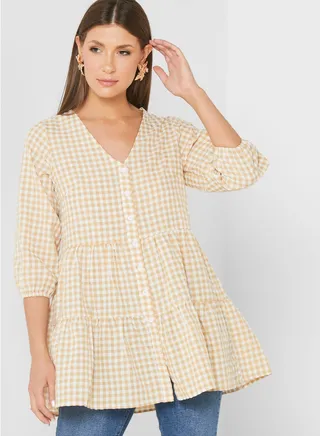 V-Neck Checked Tiered Tunic