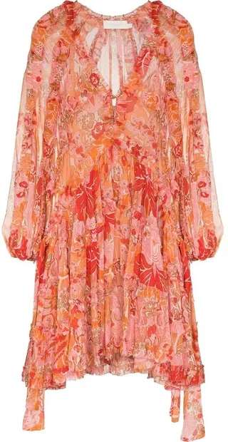 Violet tiered paisley-print minidress