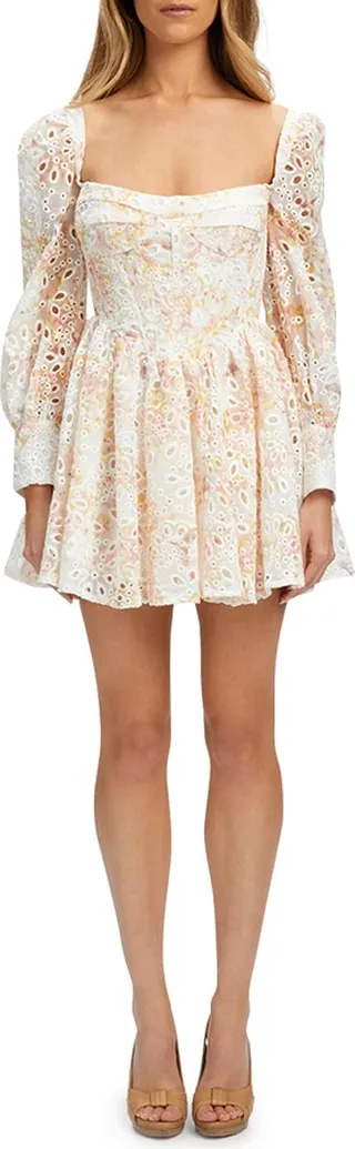 Lila Eyelet Flounce Long Sleeve Minidress
