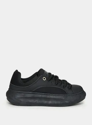 Solid Chunky Sole Textured Lace Up Sneakers