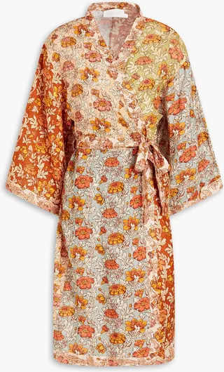 Floral-print linen wrap dress