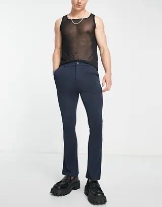 ASOS DESIGN extreme super skinny flare pants in navy plisse