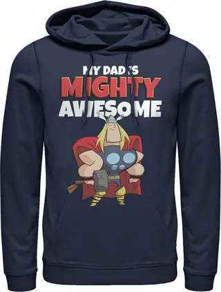 Men's Marvel My Dad is Mighty Awesome Cartoon Thor Pull Over Hoodie - Navy Blue - 3X Large
