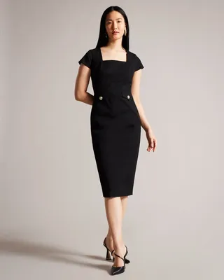 Square Neck Military Midi Dress in Black