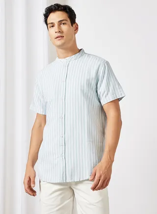 Mandarin Collar Striped Shirt