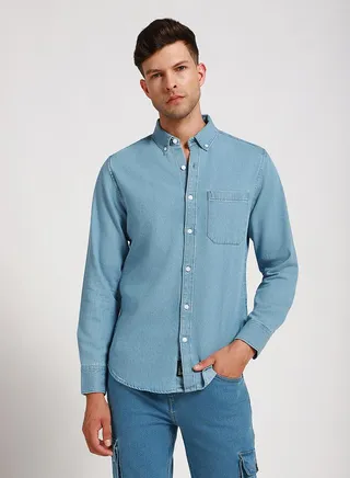 Chest Pocket Denim Slim Fit Shirt with Long Sleeves