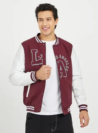 Printed Varsity Jacket with Pockets