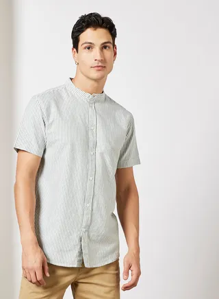 Mandarin Collar Striped Shirt