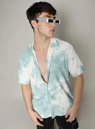 Tie & Dye Print Honeycomb Textured Shirt