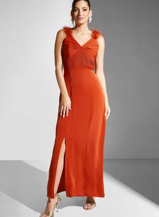 Feather Strap Gown With Slit