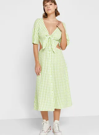 Cut Out Checked Tie Detail Dress