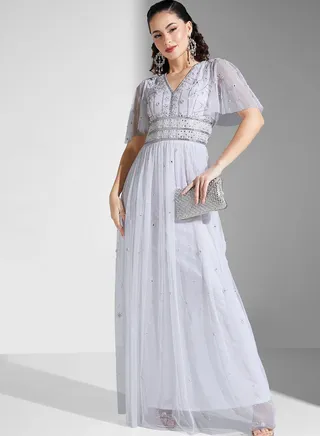 V-Neck Mesh Detail Dress
