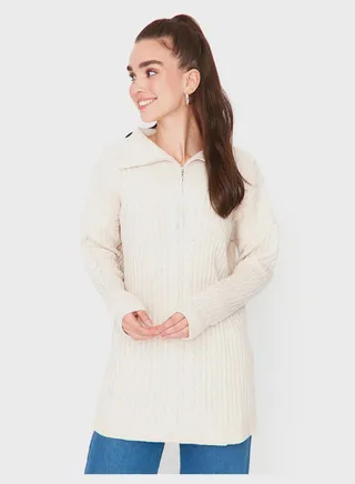 Zip Neck Cable Knitted Sweater