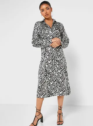 Front Knot Printed Shirt Dress