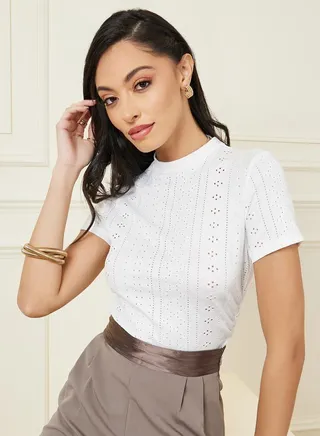 Schiffli High Neck Textured T-Shirt