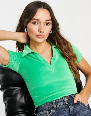 ASOS DESIGN fitted polo top in velour in green