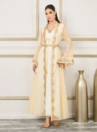 Embroidered Stone Detail All Over Lace Belted Kaftan