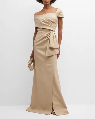 Draped Off-Shoulder Jacquard Gown