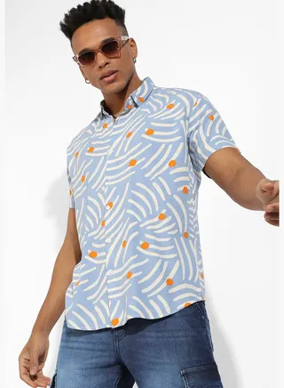 Printed Spread Collar Short Sleeve Shirt