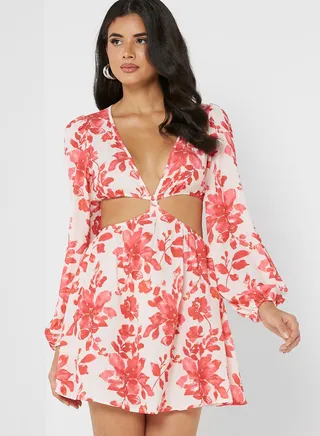 Floral Print Cut Out Detail Dress