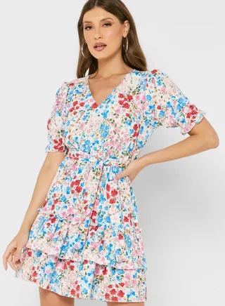 Ruffle Detail Floral Print Skater Dress