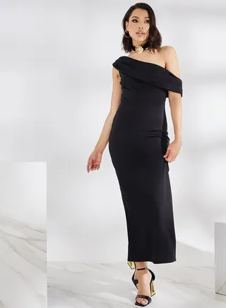 Asymmetric Neck Bodycon Maxi Dress with Back Slit