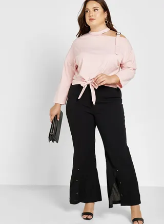 Button Detail Slit Hem Pants