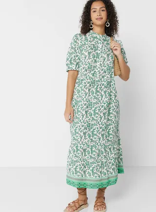 Printed High Neck Tiered Dress