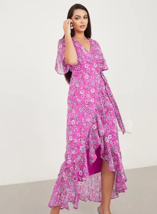 Ruffle Hem Floral Print Wrap Midi Dress