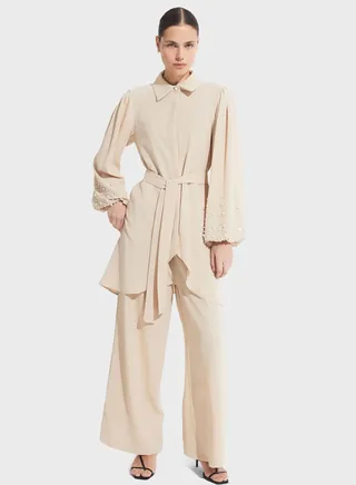 Embellished Belted Shirt & Pants Set
