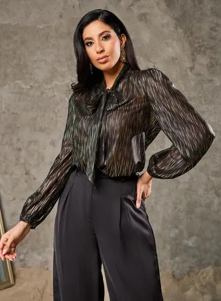 Foil Print Tie Up Neck Blouse