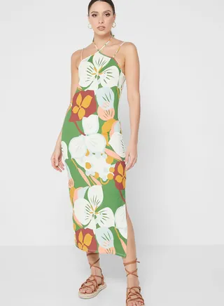 One Shoulder Printed Side Slit Dress