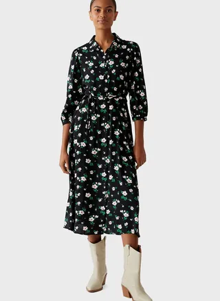 Floral Tie Waist Midi Shirt Dress
