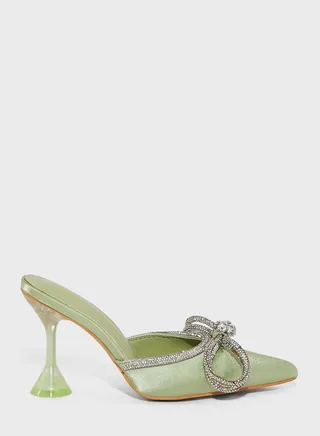 Satin Diamante Bow Flared Heel Pump