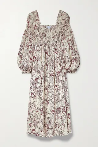 La Ligne - Bettina Shirred Printed Silk-charmeuse Midi Dress - Cream