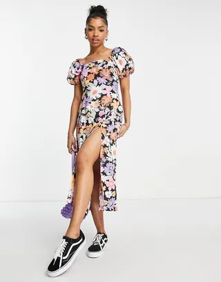 Miss Selfridge puff sleeve midi dress in oversized floral