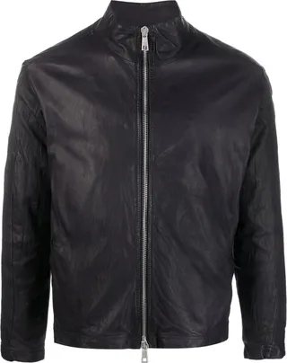 High-Neck Zipped Leather Jacket