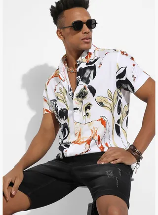 Printed Spread Collar Short Sleeve Shirt
