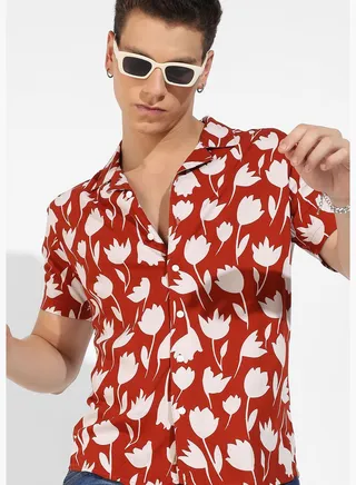 Printed Spread Collar Short Sleeve Shirt