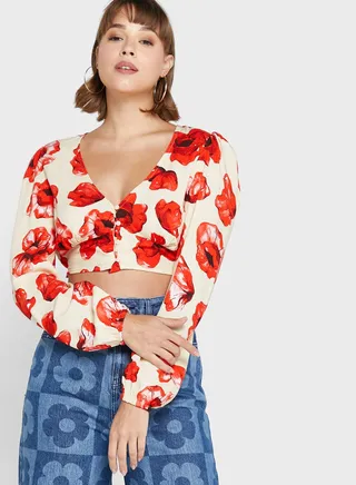Puff Sleeve Floral Printed Crop Top