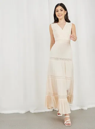 Lace Insert Sleeveless Tiered Maxi Dress