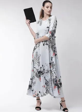 Floral Print Round Neck A-Line Maxi Dress
