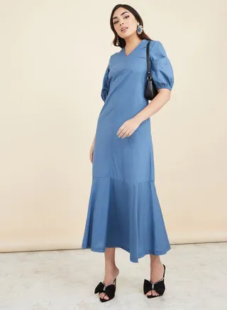 V Neck Cotton A-Line Maxi Dress