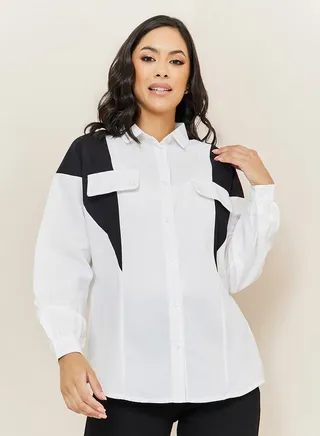 Colorblock Flap Detail Oversized Longline Shirt