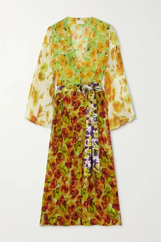 Dries Van Noten - Belted Pleated Floral-print Georgette Midi Wrap Dress - Yellow