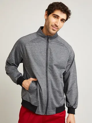 High Collar Contrast Rib Detail Jacket
