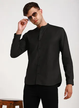 Solid Mandarin Collar Slim Fit Shirt